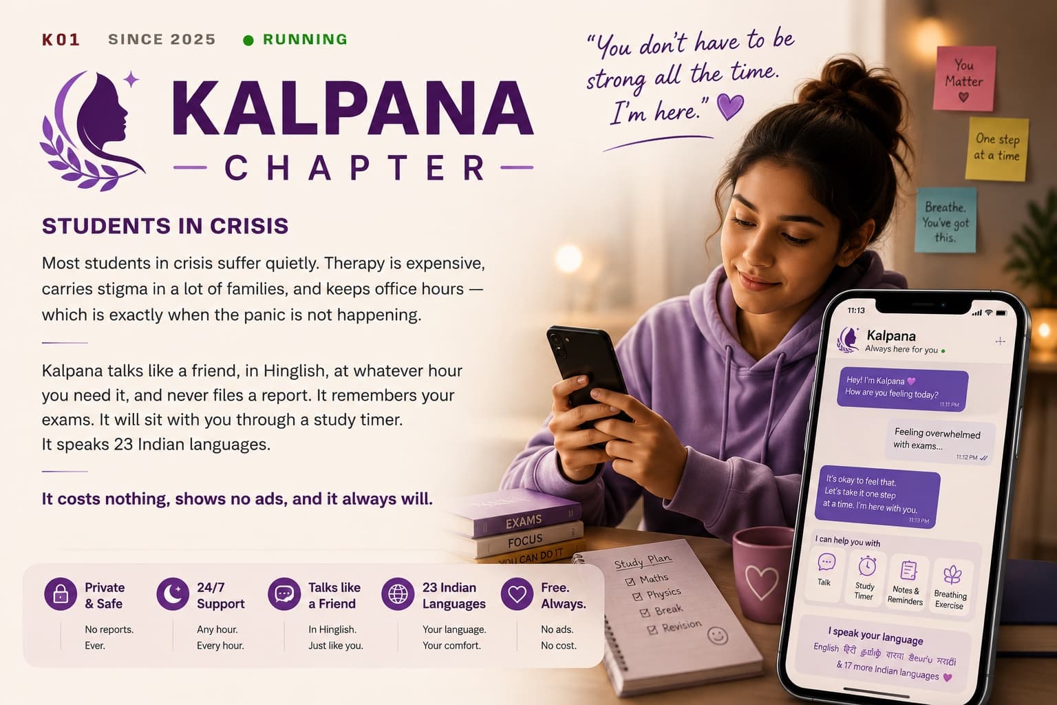 Kalpana Chapter product graphic: a student messaging Kalpana late at night, alongside the features — private and safe, 24/7, talks like a friend, 23 Indian languages, free always